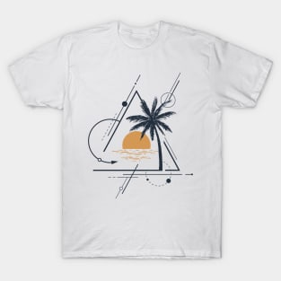 Sunset And Palm. Geometric, Line Art Style T-Shirt